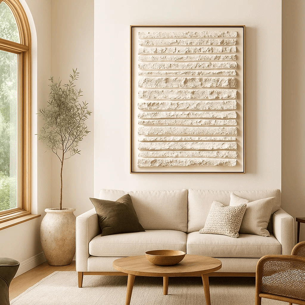 Wabi Sabi Textured Wall Art, Neutral White Minimal Lines Canvas for Living Room Decor