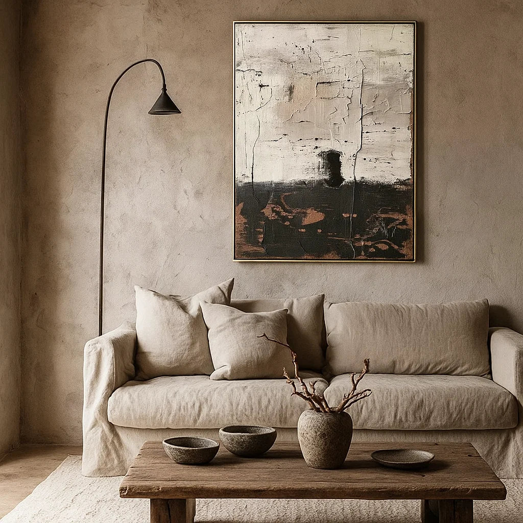 Vestige of Time: Raw Wabi Sabi Textured Abstract Painting in Black and White