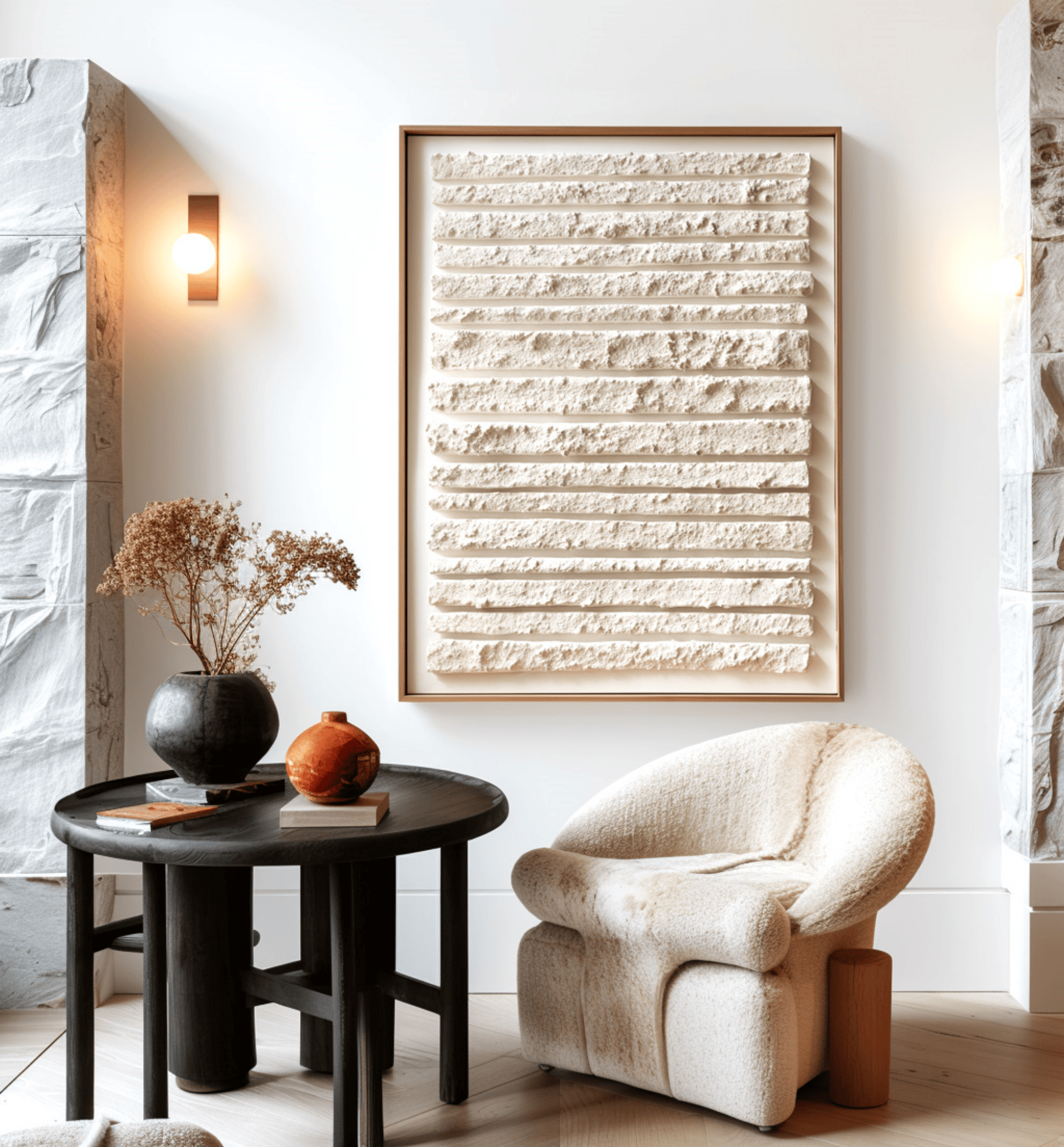 Wabi Sabi Textured Wall Art, Neutral White Minimal Lines Canvas for Living Room Decor