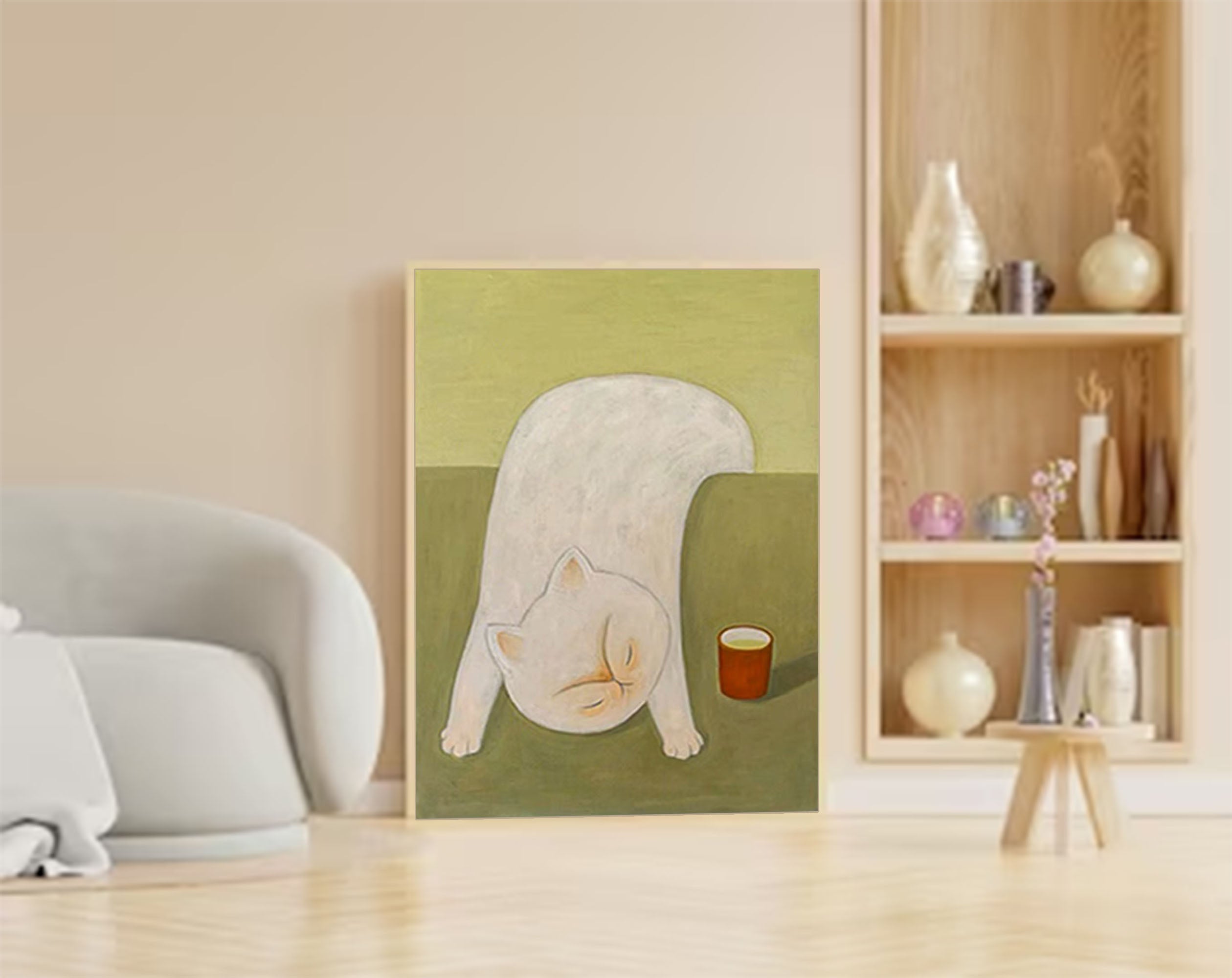 Tea Time Nap: A Whimsical Cat Wall Art for Dining Room Decor