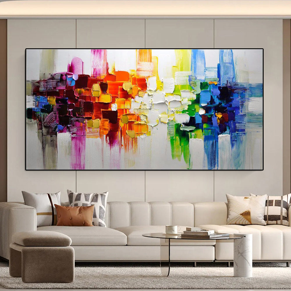 Rainbow City: A Colorful Abstract Art for Modern Living Room Decor