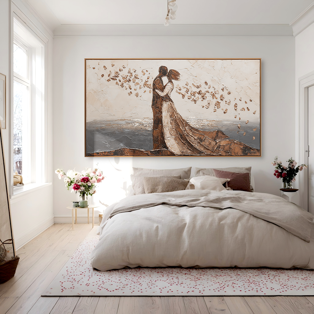 Seaside Kiss: A Textured Romantic Wall Art for Bedroom Decor