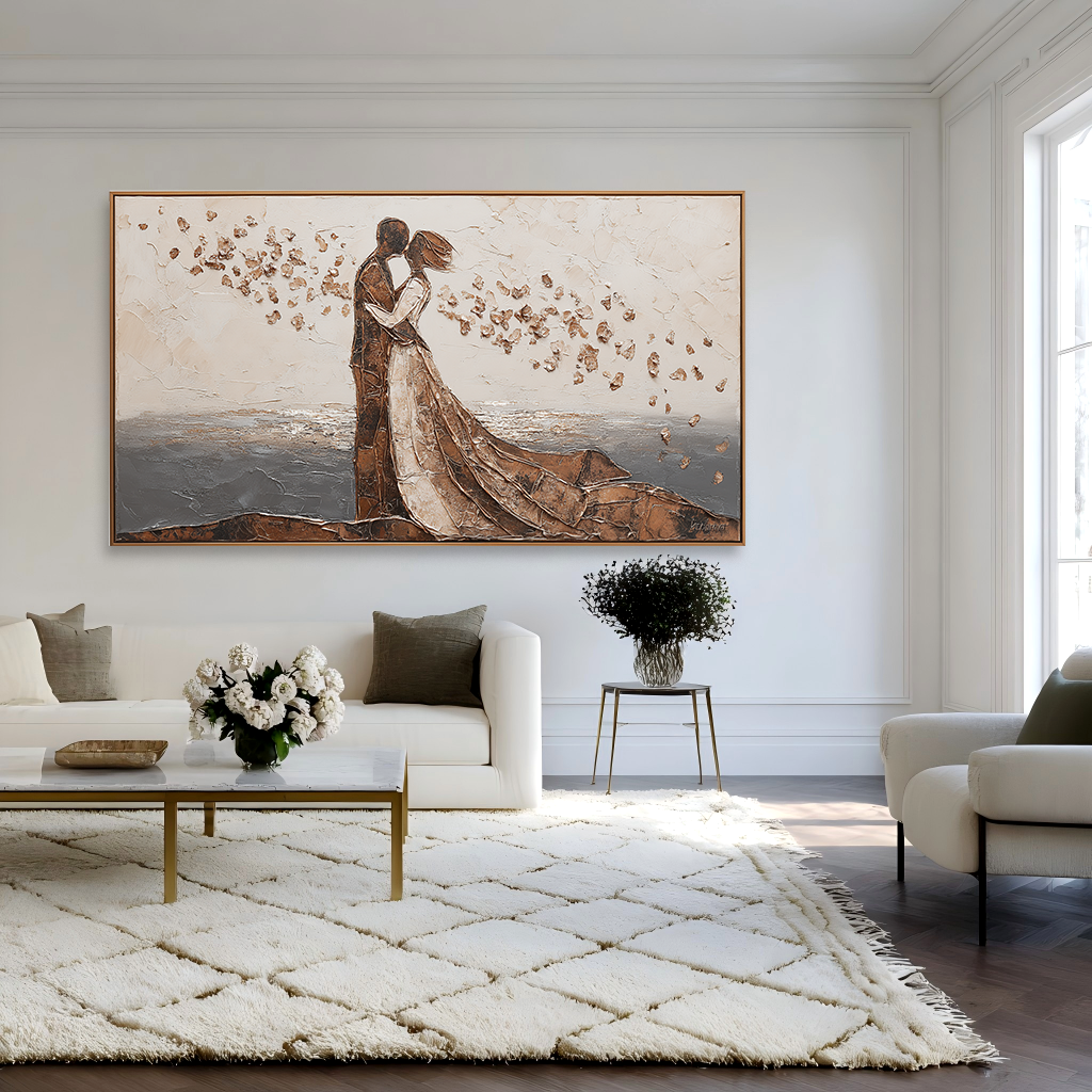 Seaside Kiss: A Textured Romantic Wall Art for Bedroom Decor