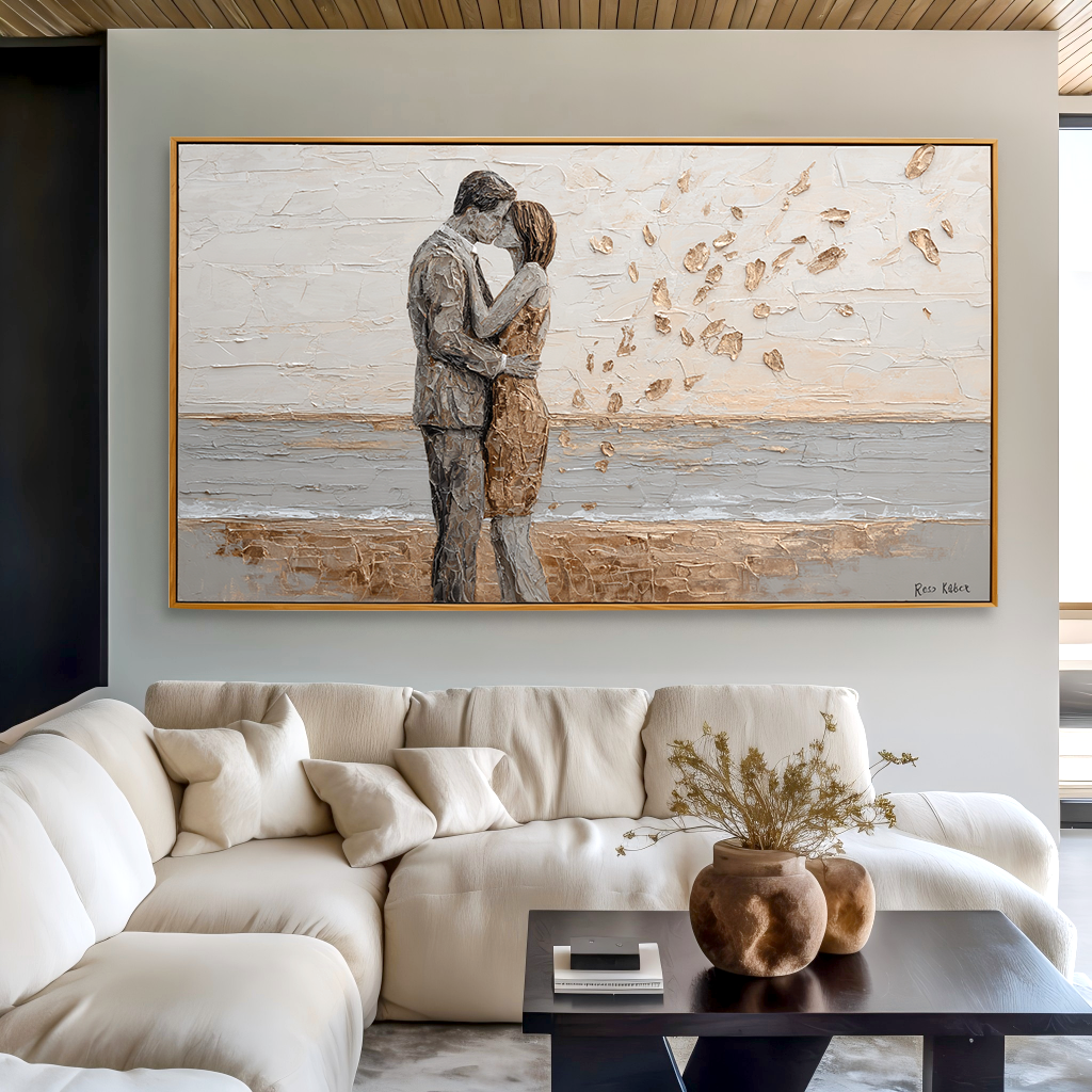 Golden Embrace: A Textured Romantic Wall Art for Bedroom Decor