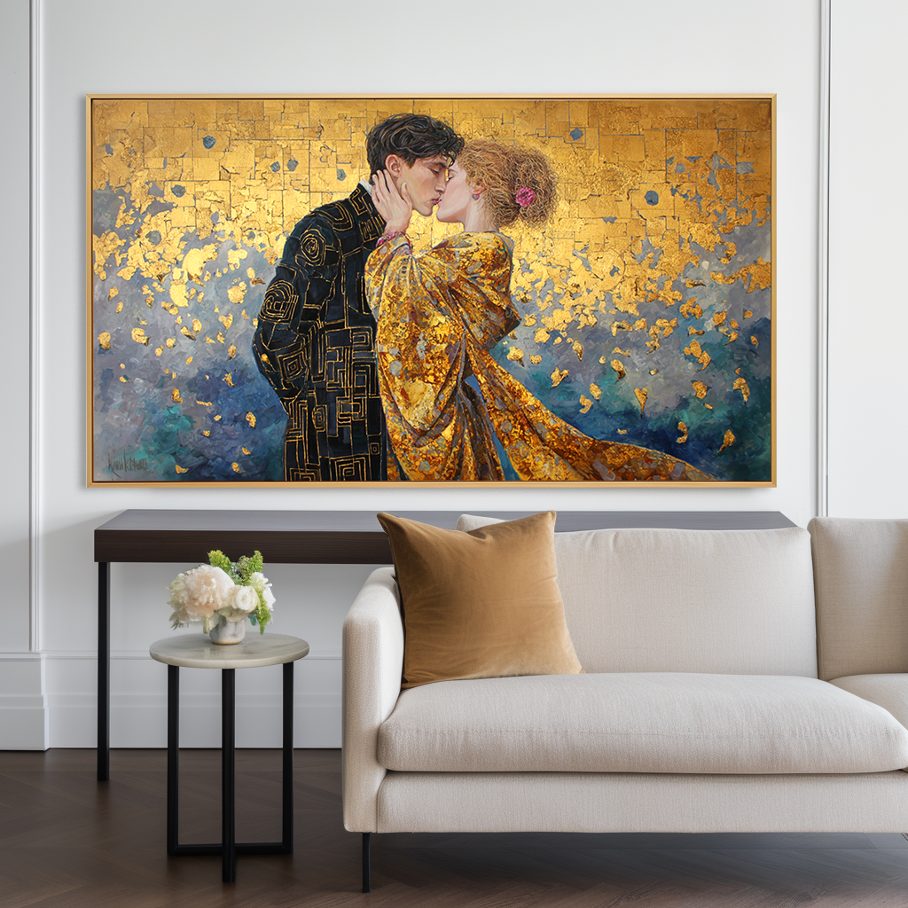 The Golden Kiss: A Romantic Wall Art for Living Room Decor