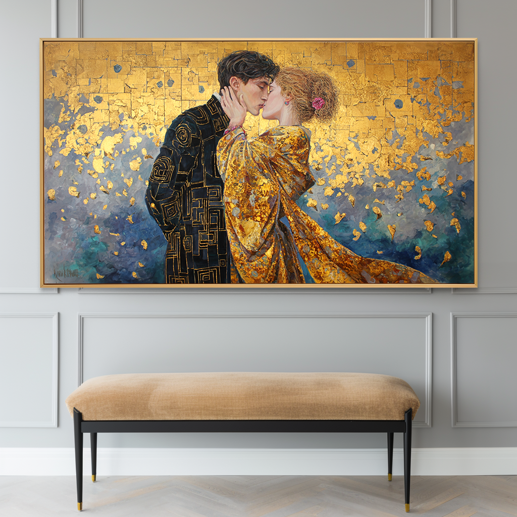 The Golden Kiss: A Romantic Wall Art for Living Room Decor
