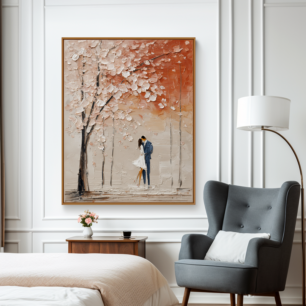 Autumn Embrace: A Textured Romantic Wall Art for Bedroom Decor