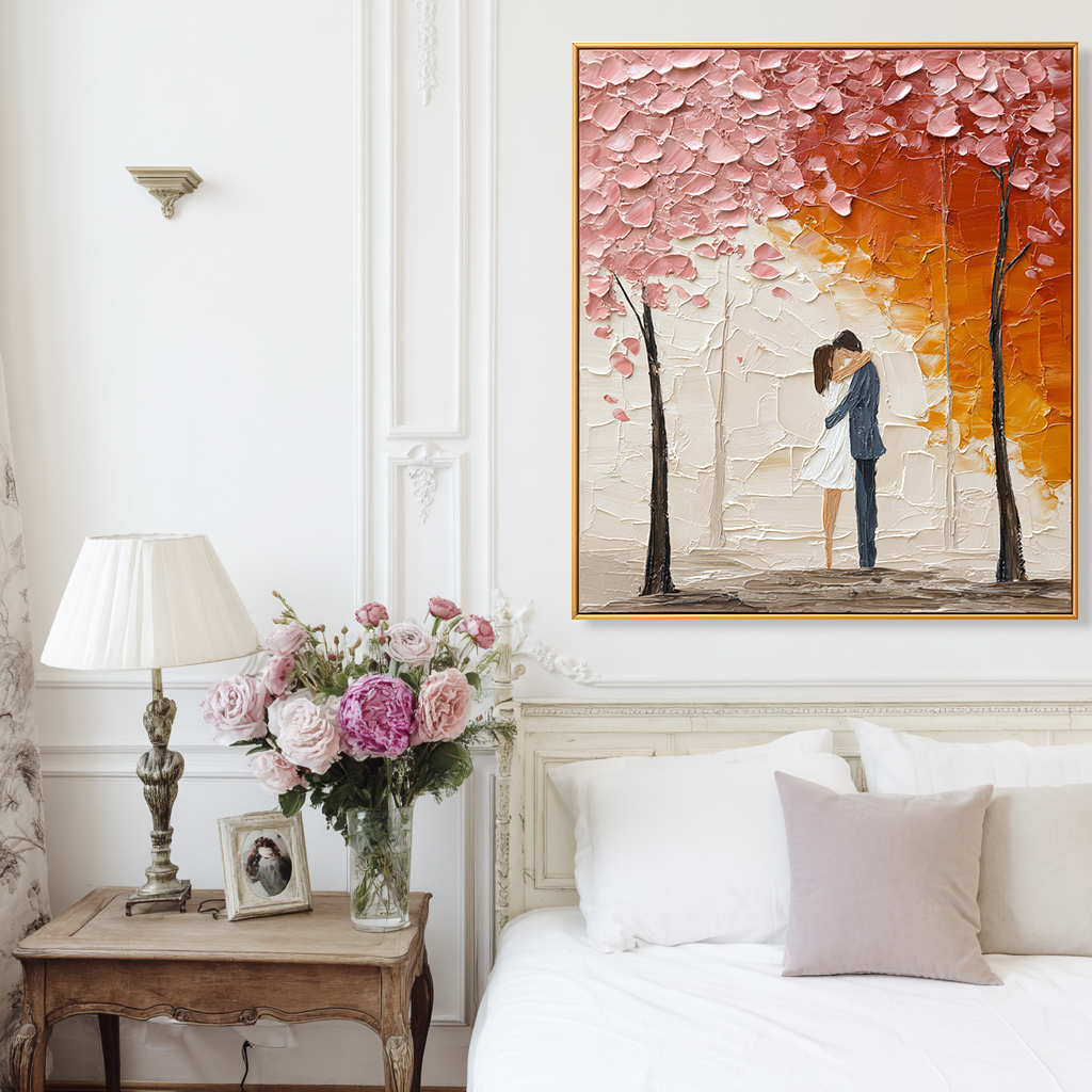 Autumn Kiss: A Textured Romantic Wall Art for Bedroom Decor