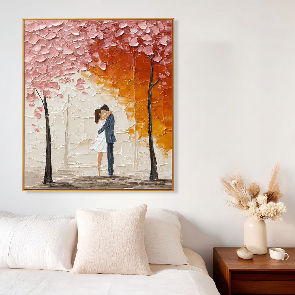 Autumn Kiss: A Textured Romantic Wall Art for Bedroom Decor