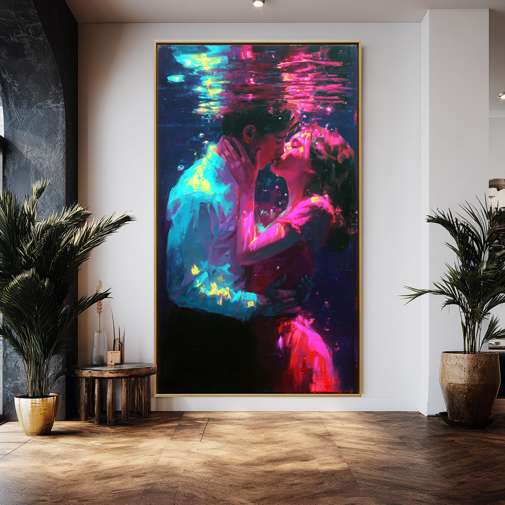 Underwater Kiss: A Vibrant Romantic Wall Art for Bedroom Decor