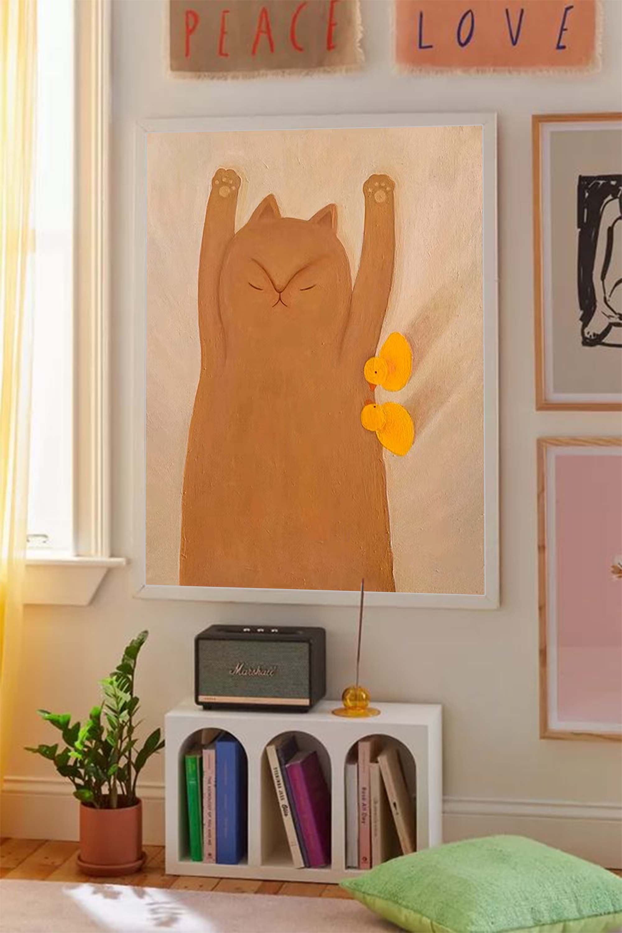 Morning Stretch: Whimsical Cat & Chicks Nursery Wall Art for Kids Room
