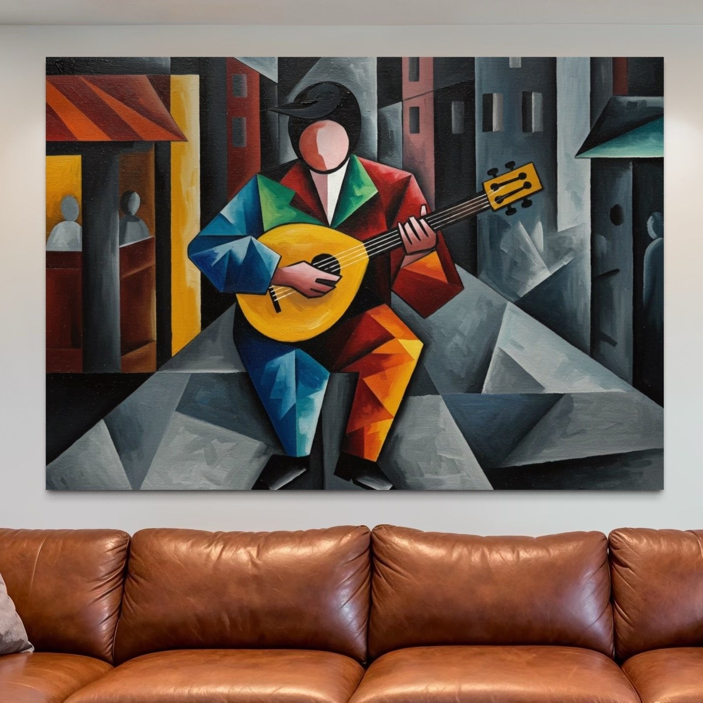 Cubist Serenade: A Geometric Music Wall Art for Living Room Decor