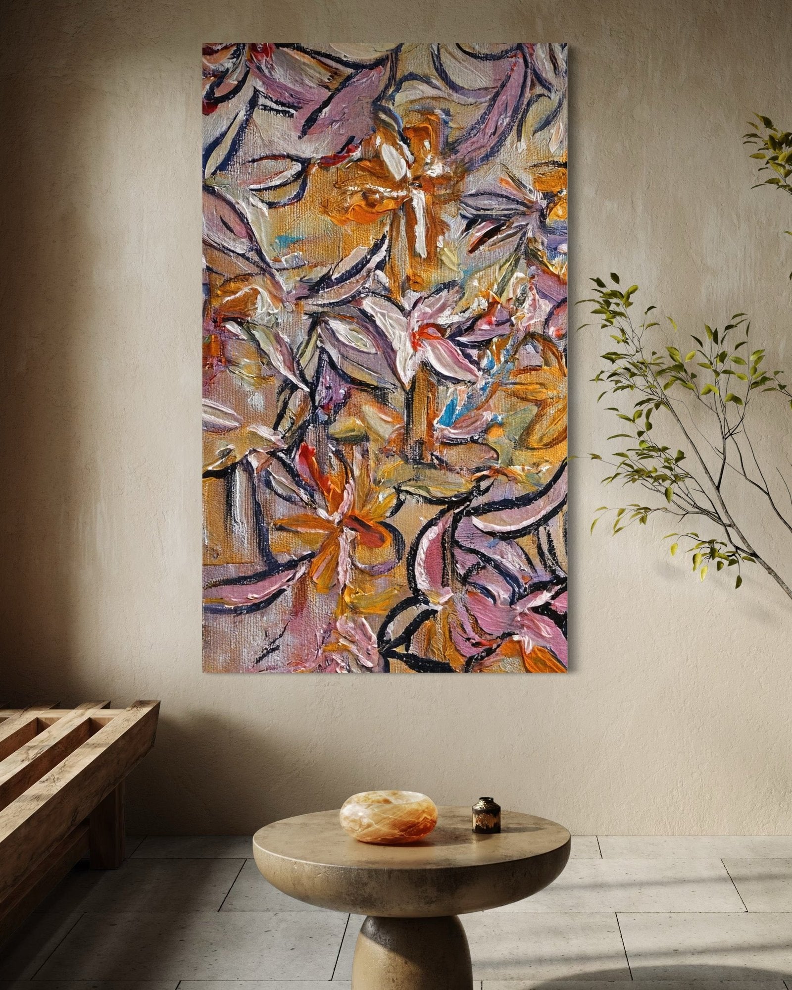 Autumn Bloom: Textured Abstract Floral Paintings for Living Room