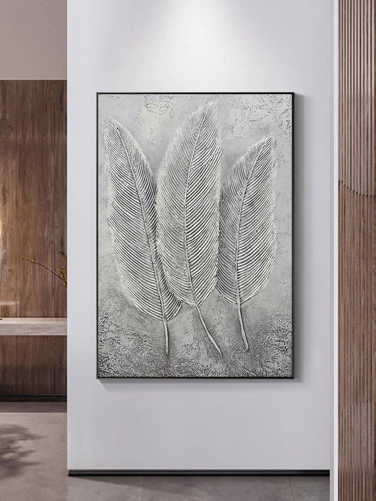Whispers in Stone: A Sculptural Textured Botanical Feather Wall Art