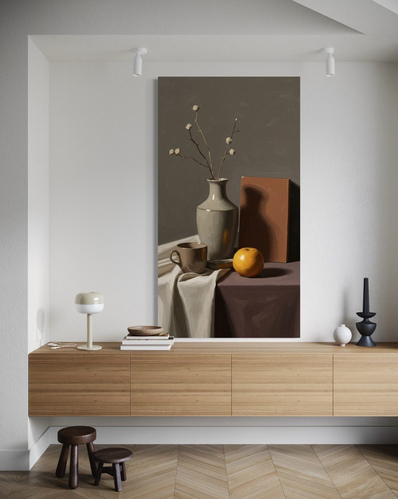 Golden Orange: A Modern Still Life of Fruit Paintings for Kitchen Decor