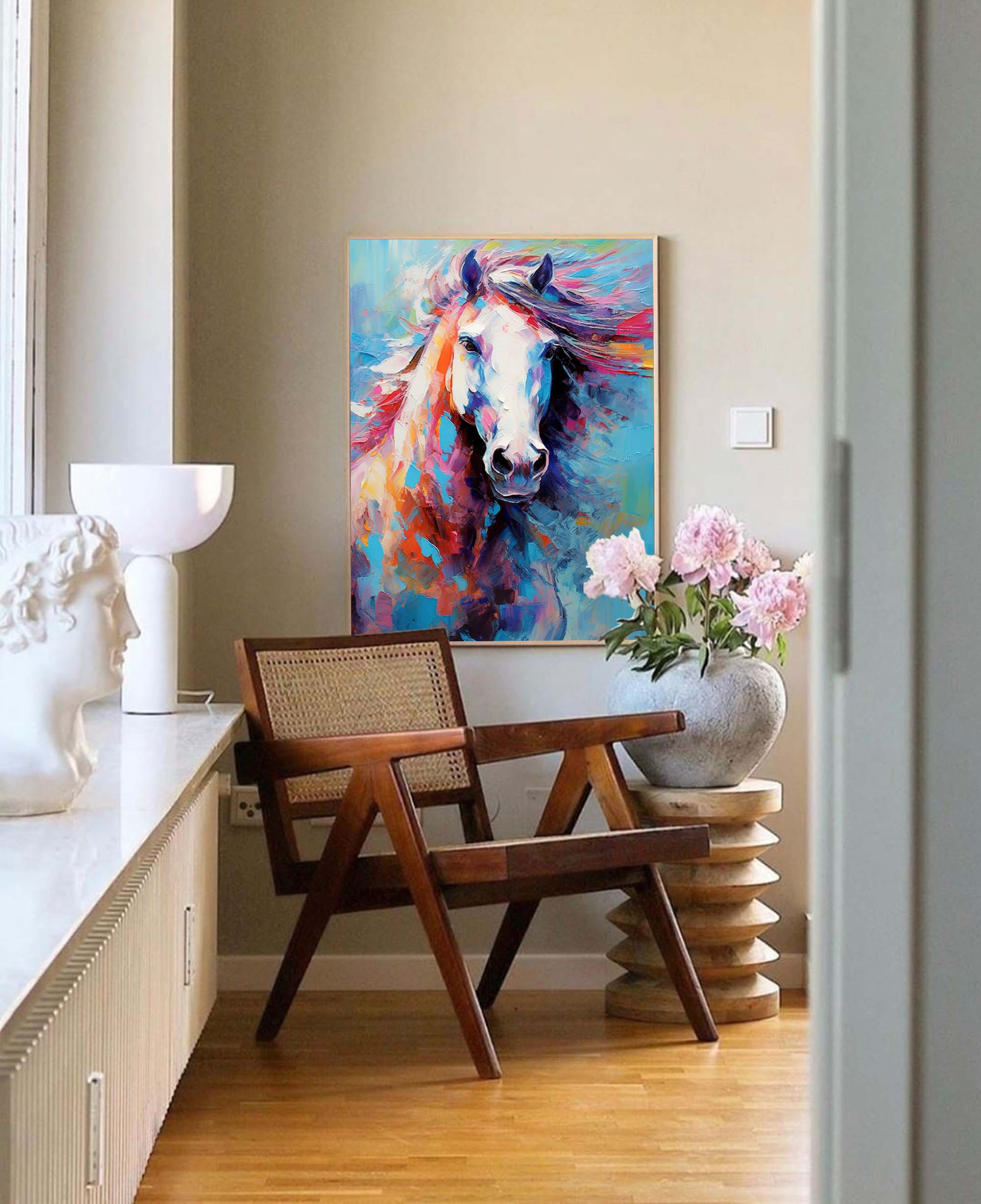 Chromatic Gallop: A Textured Horse Wall Art for Living Room Decor