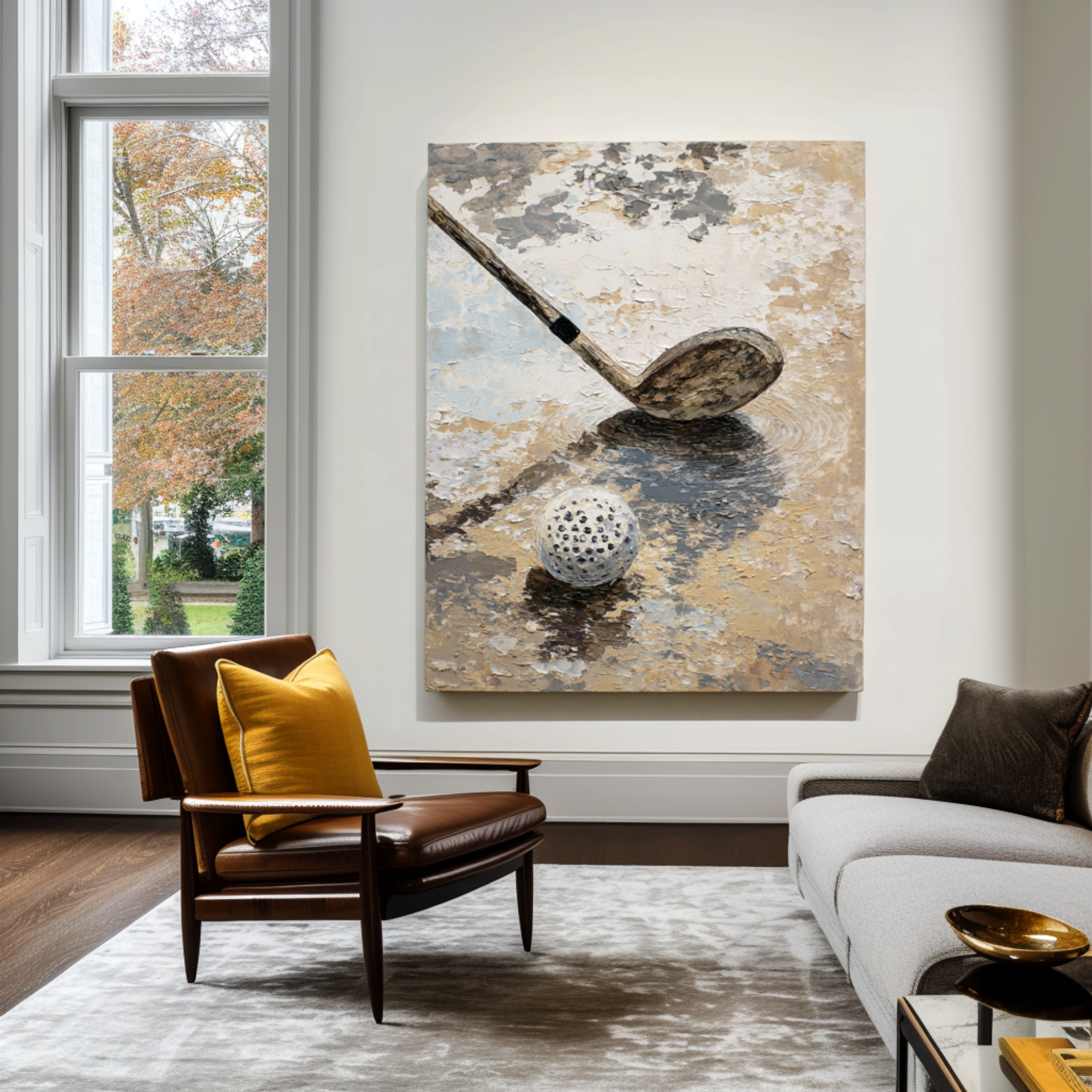 Neutral Golf Wall Art, Textured Beige Gray Canvas Painting for Sports Room or Office