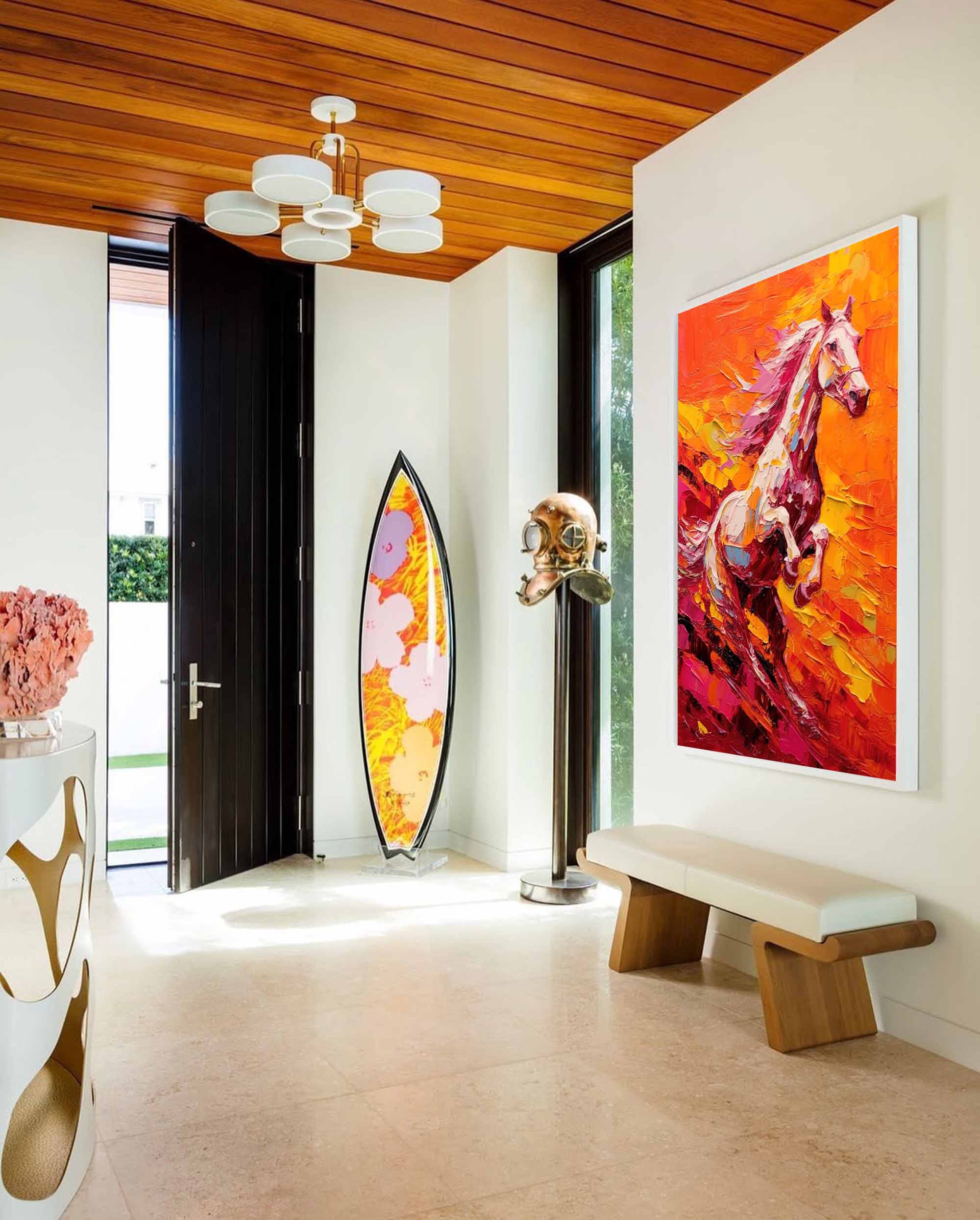 Sunset Gallop: A Fiery Textured Horse Wall Art for Living Room