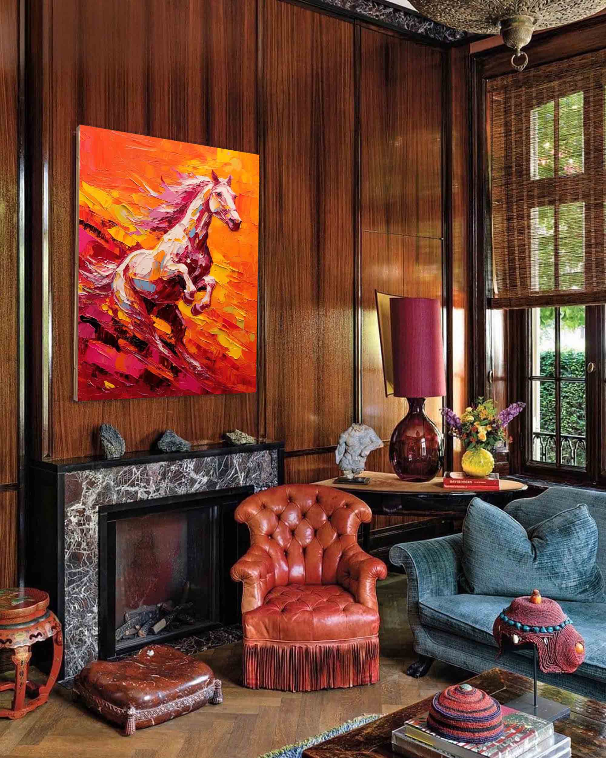 Sunset Gallop: A Fiery Textured Horse Wall Art for Living Room