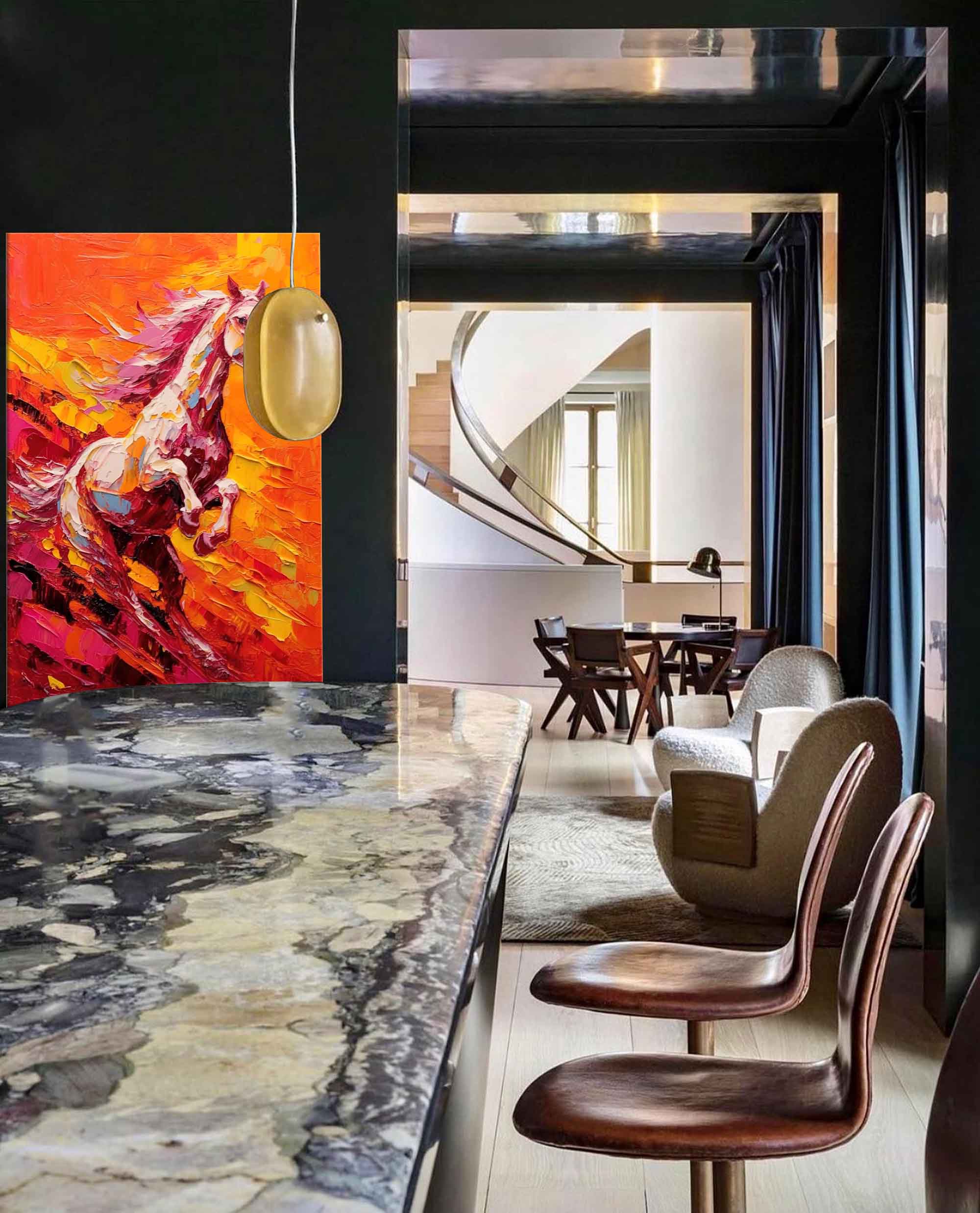 Sunset Gallop: A Fiery Textured Horse Wall Art for Living Room