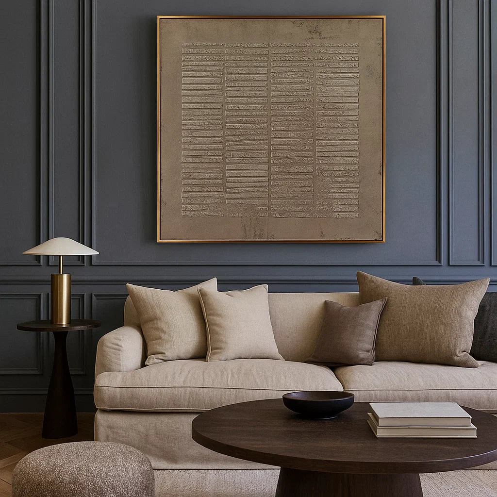 Wabi Sabi Neutral Grid Textured Wall Art, Minimal Abstract Square Canvas for Living Room