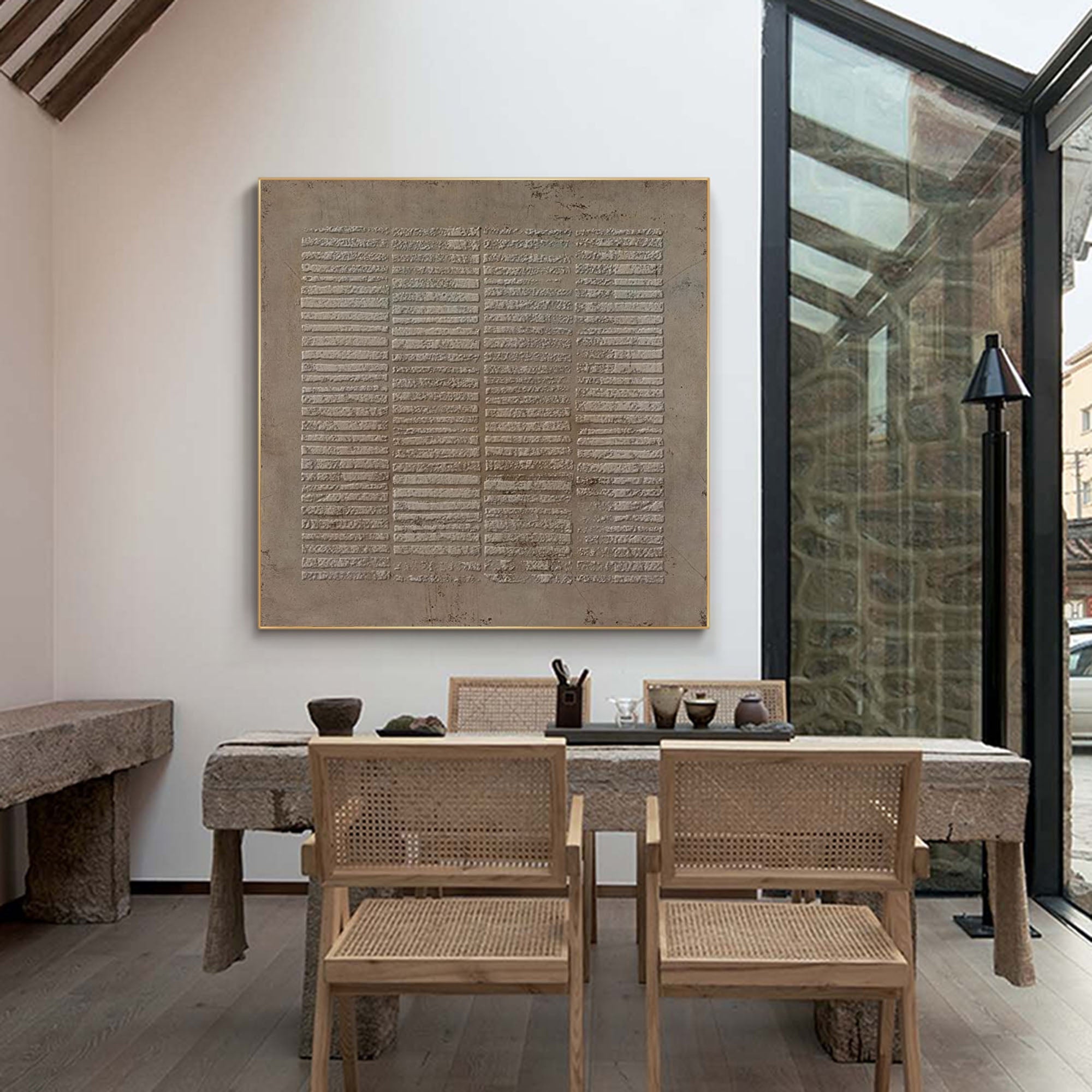 Wabi Sabi Neutral Grid Textured Wall Art, Minimal Abstract Square Canvas for Living Room