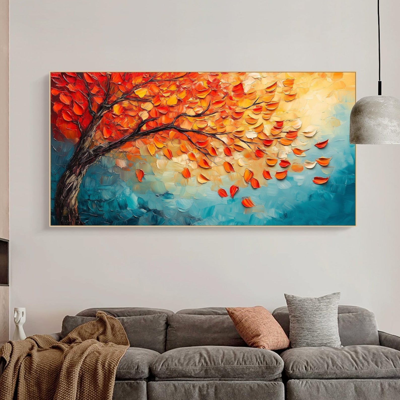 Autumn's Fire: Vibrant Textured Autumn Tree Painting for Living Room Landscape Wall Art