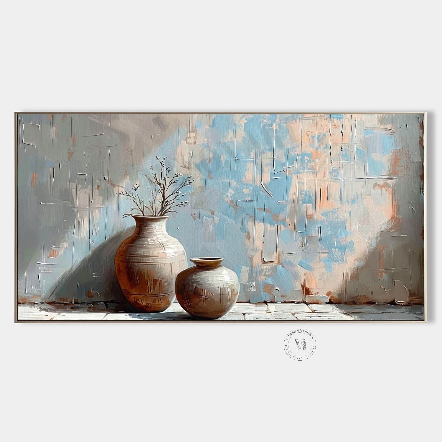 Wabi Sabi Blue Pottery Still Life Wall Art, Textured Neutral Canvas for Living Room Decor