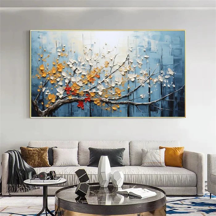 Twilight Bloom: A Vibrant Textured Tree Wall Art for Modern Decor