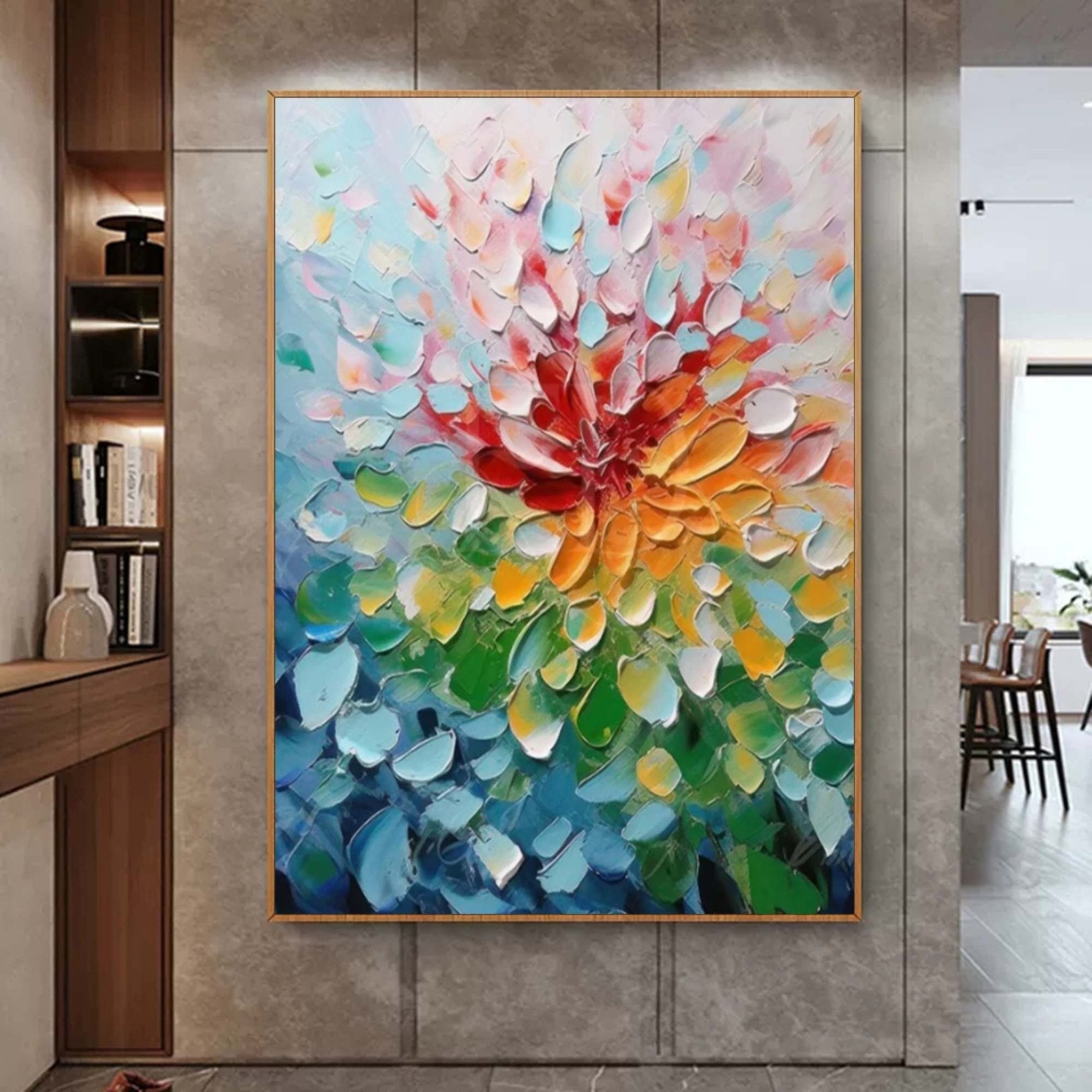 Chromatic Bloom: Textured Abstract Floral Paintings for Bedroom Decor