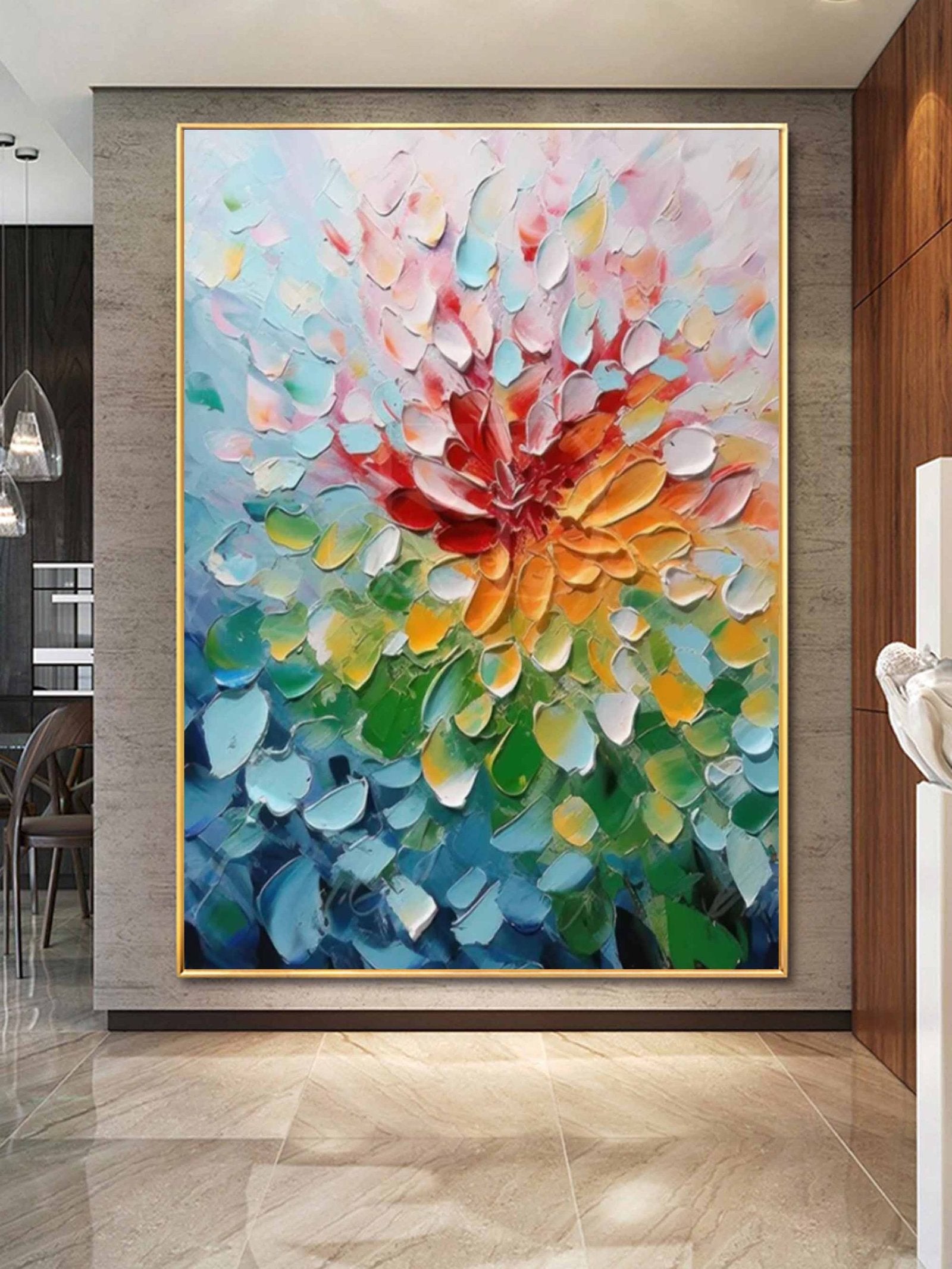 Chromatic Bloom: Textured Abstract Floral Paintings for Bedroom Decor