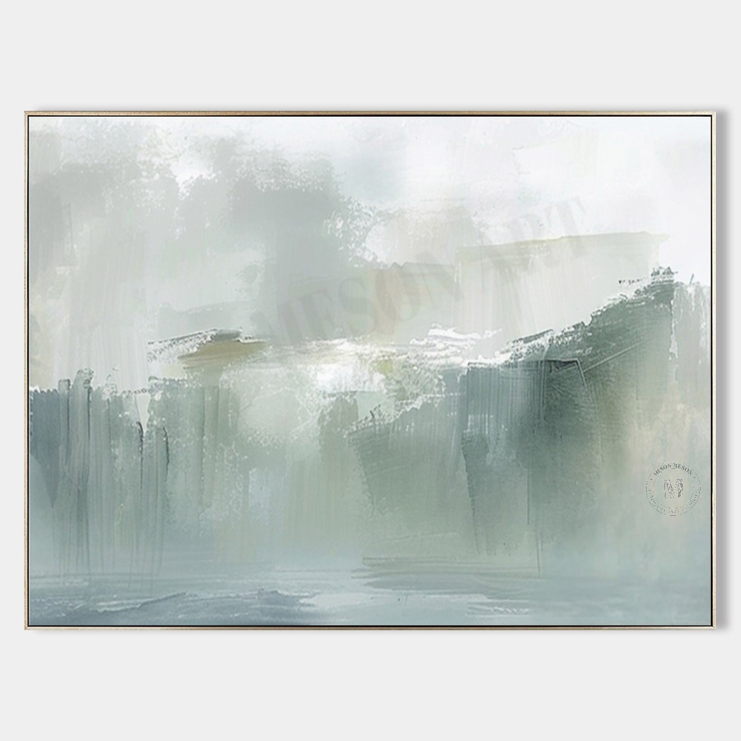 Misty Green Landscape Wall Art, Minimal Blue Gray Textured Canvas for Living Room