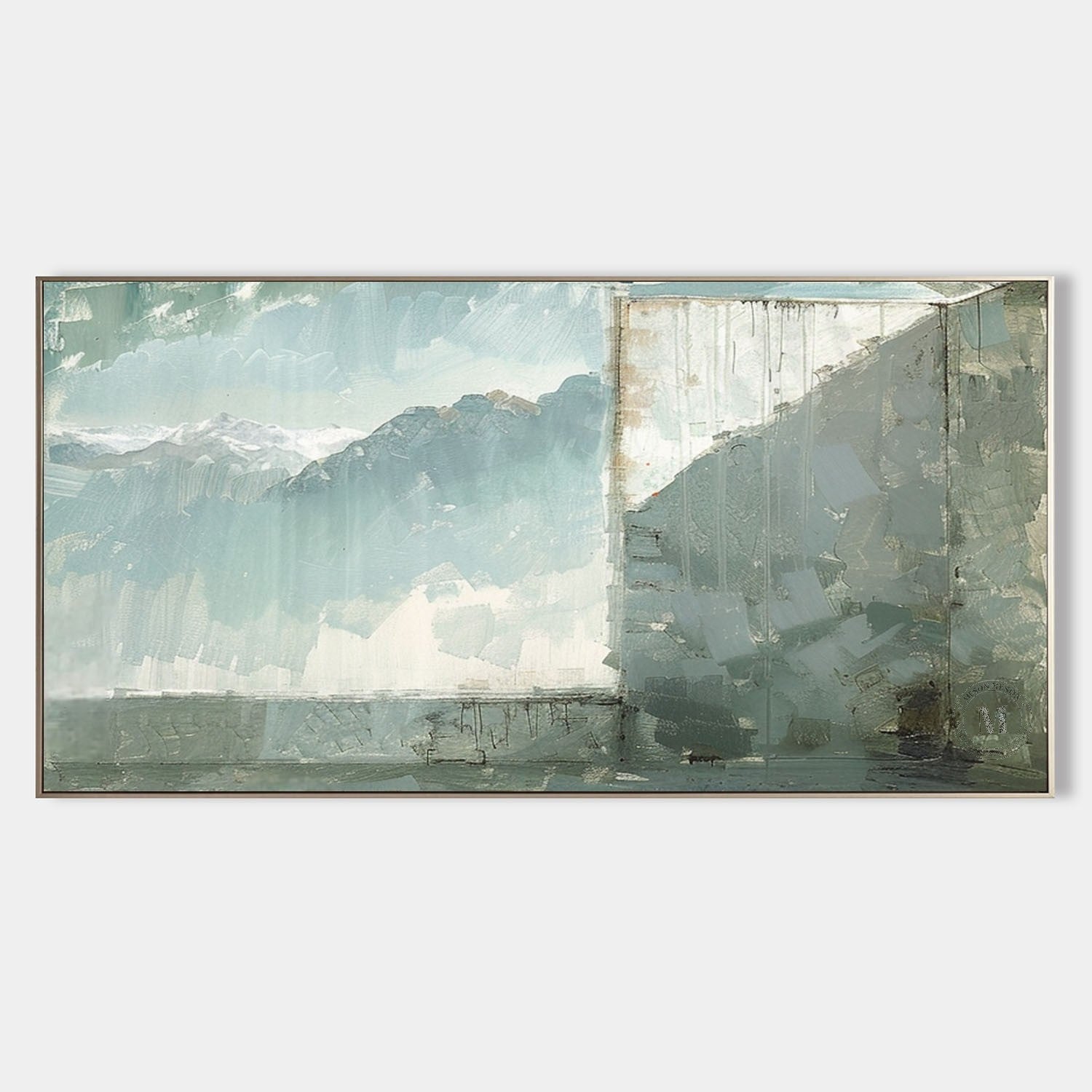 Blue Green Mountain Landscape Wall Art, Minimal Textured Canvas for Living Room