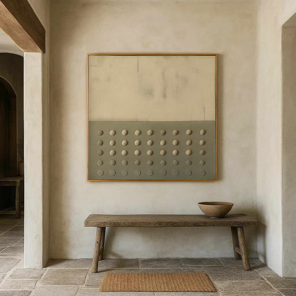 Wabi Sabi Neutral Dot Grid Textured Wall Art, Minimal Square Canvas for Living Room