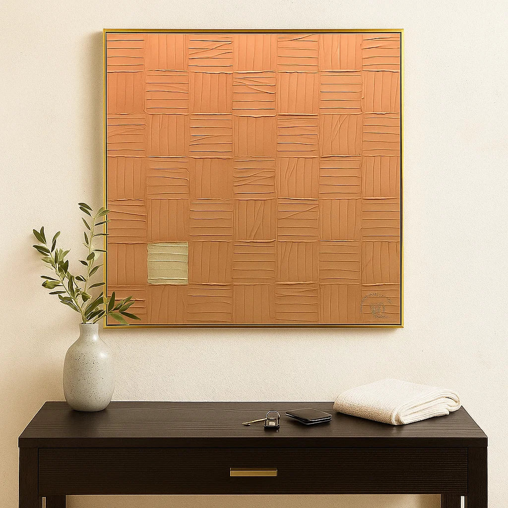 Wabi Sabi Terracotta Grid Textured Wall Art, Minimal Abstract Square Canvas for Living Room
